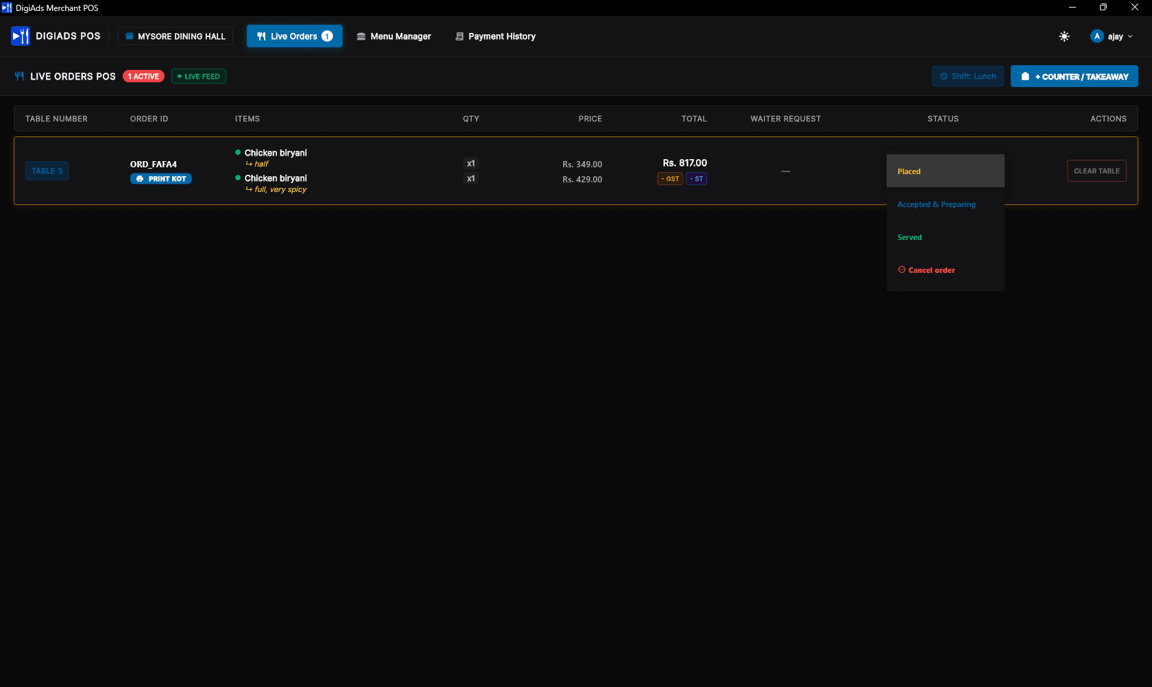 DigiAds Windows Desktop POS Live Orders Screen